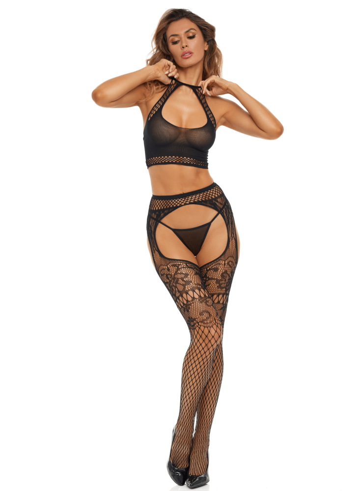 Ensemble 2 pièces en résille fantaisie - REN7115-BLK